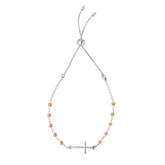 Sterling Silver Rose Beads With Sideways Cross Adjustable Bolo Friendship Bracelet , 9.25" fine designer jewelry for men and women